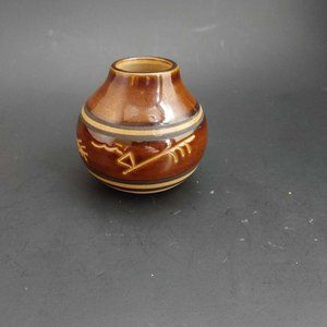 Art Pottery Vase Stoneware Vintage Glazed Brown Southwest Talisman Tribal Symbol